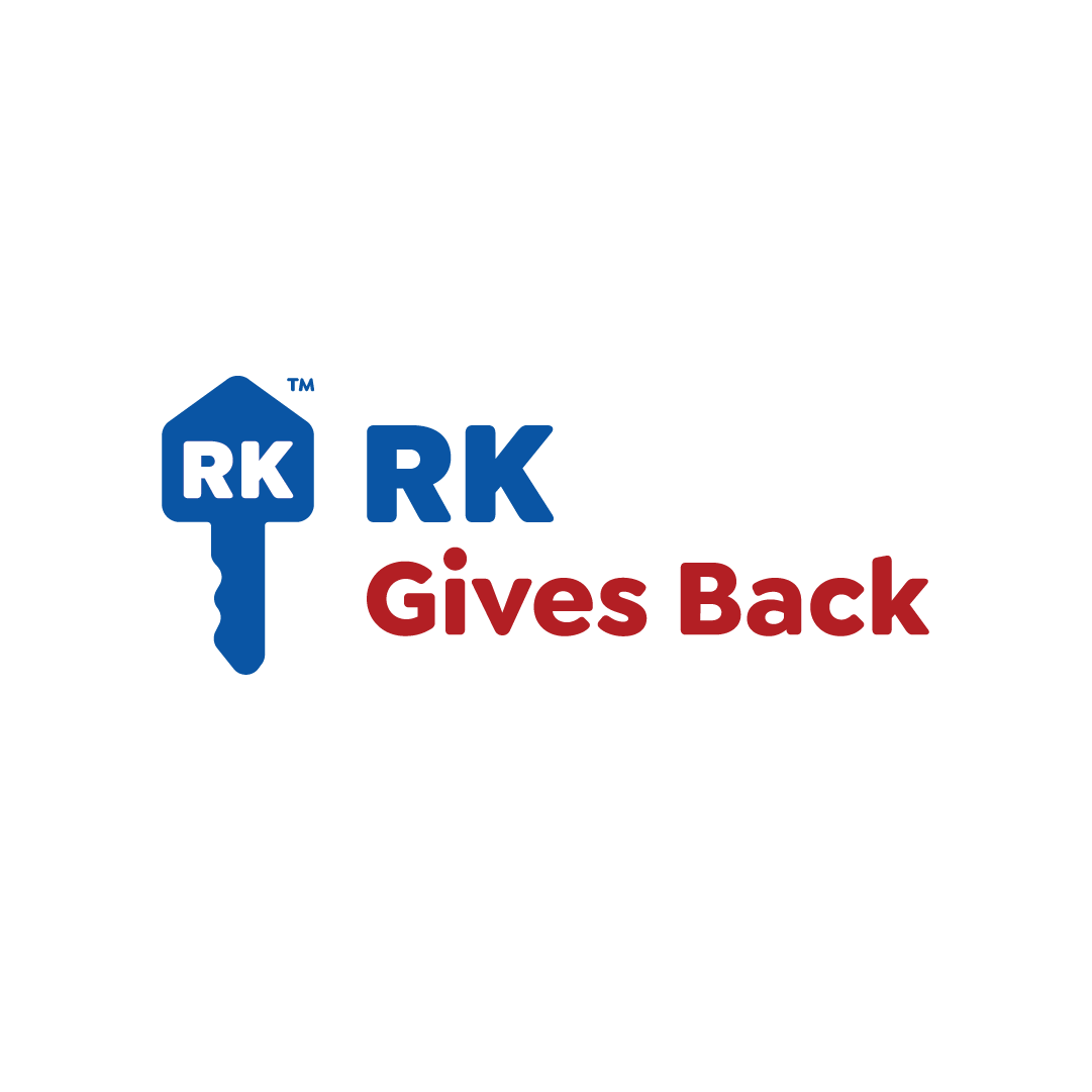 Logo for RK Gives Back featuring a blue key icon containing the letters