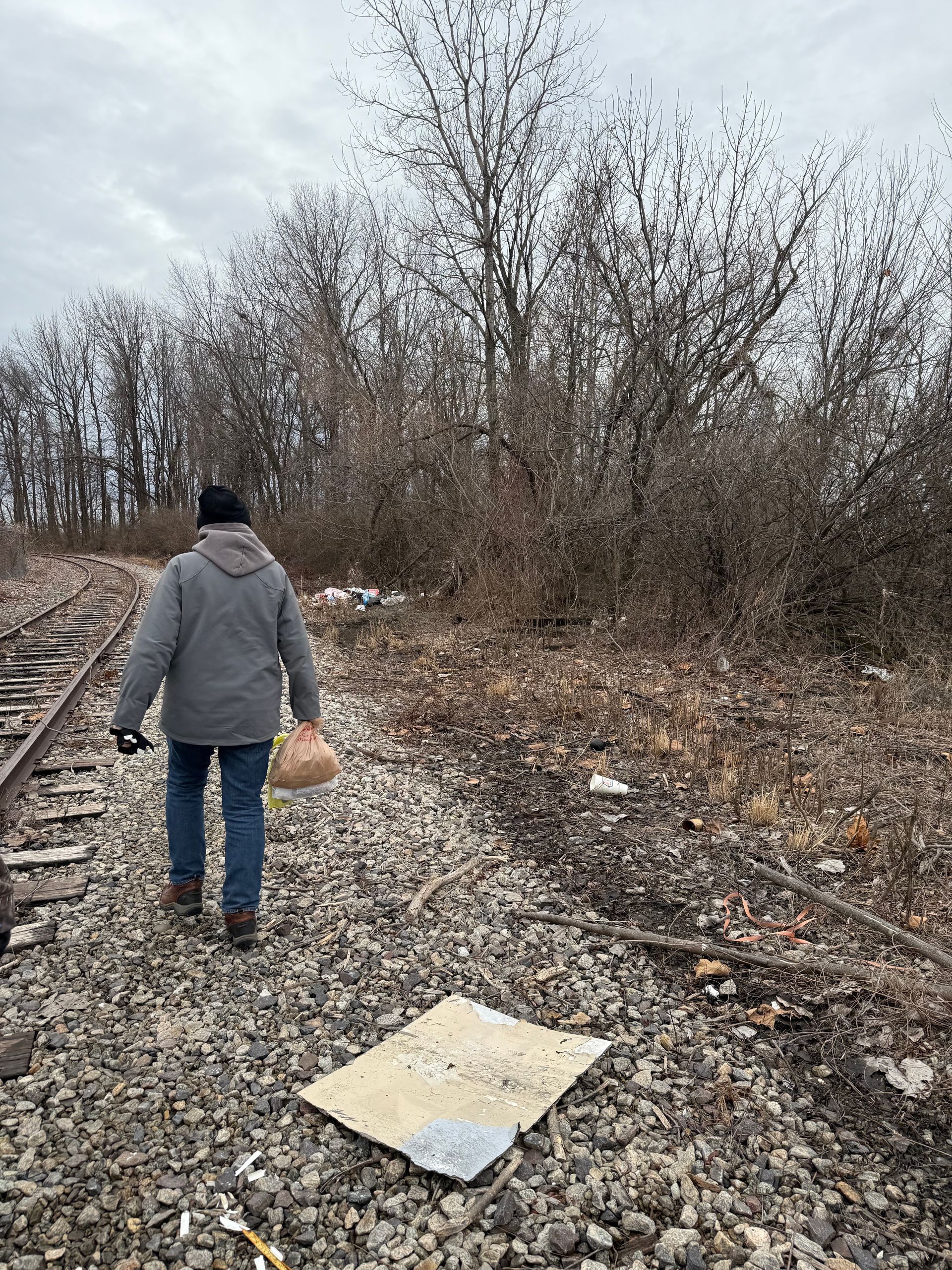 A person wearing a grey coat and beanie walks along railroad tracks near a brushy, wooded area.