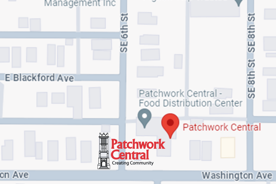 Map showing the location of Patchwork Central and its food distribution center near Washington Ave and SE 6th St.