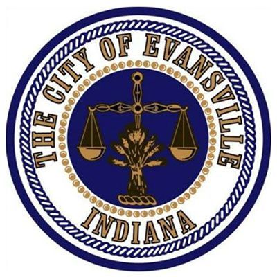 Official seal of the City of Evansville, Indiana, featuring a central scale and wheat sheaf on a blue background.