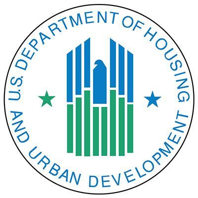 Seal of the U.S. Department of Housing and Urban Development featuring a stylized blue eagle and green vertical bars.