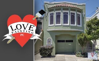Love Painting PC logo with a red heart and paintbrushes next to a green house.