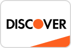 Discover credit card logo with black text, orange “O,” and orange corner accent on white background