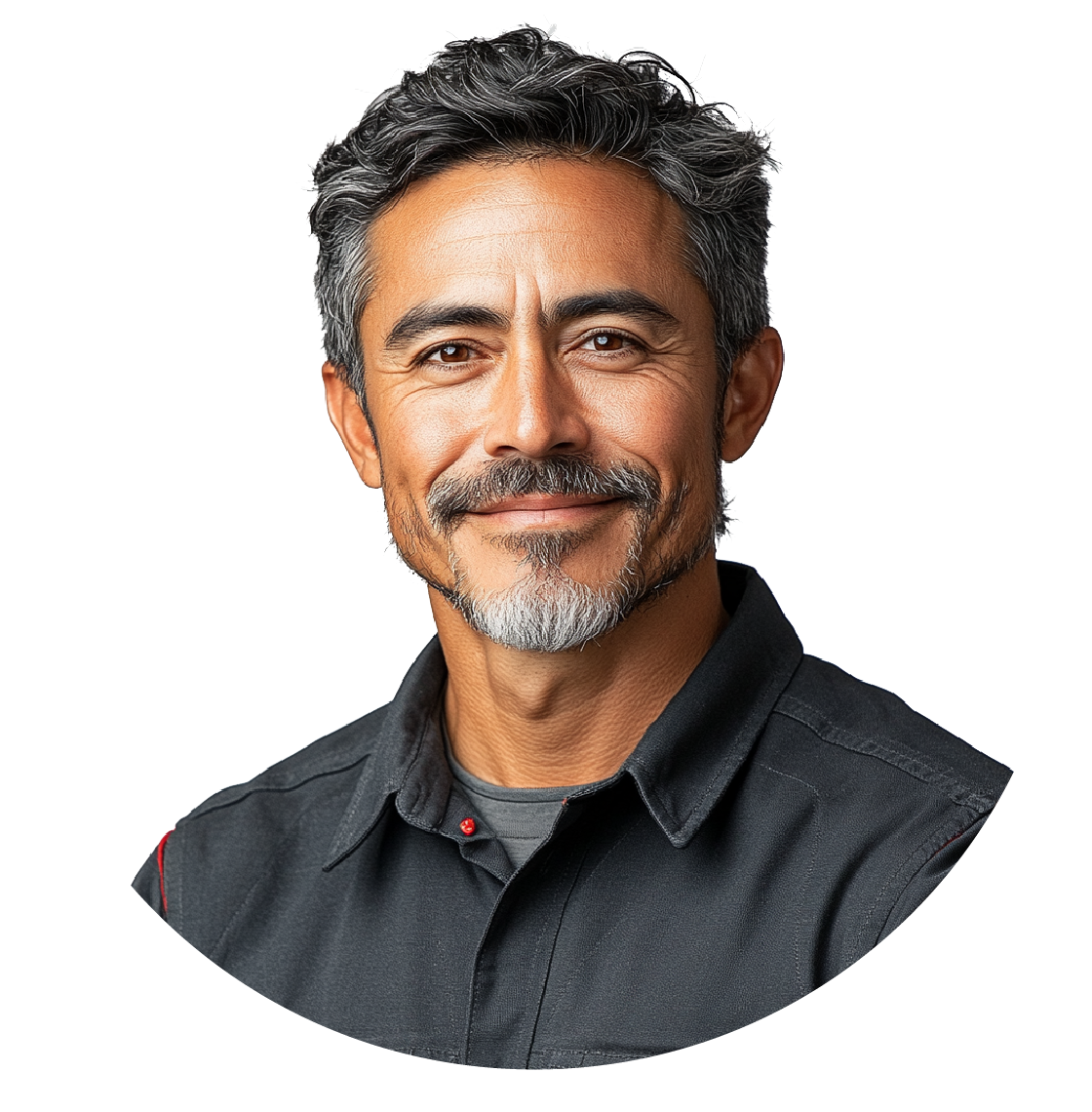 A man with a beard and mustache is smiling and wearing a black shirt.