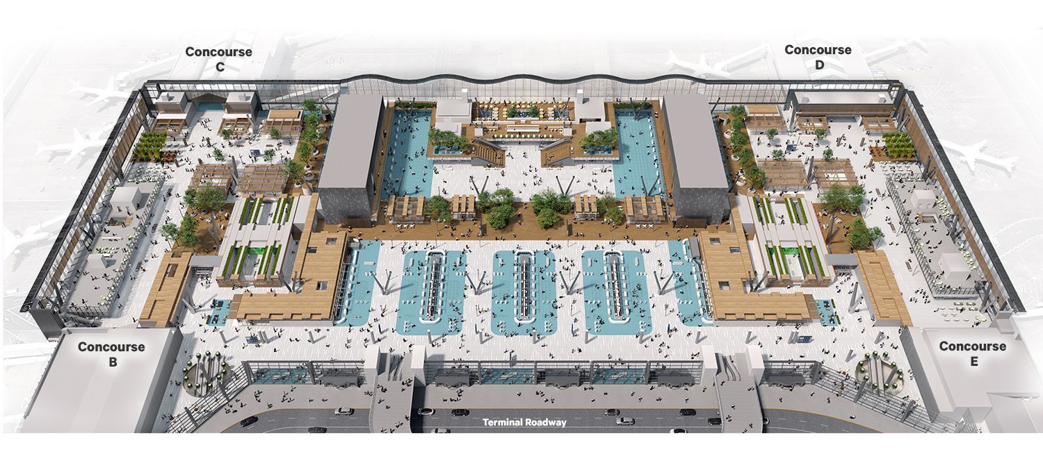 Aerial view of a public space with pools, gardens, and many people. Gray buildings, light blue water, and green foliage.