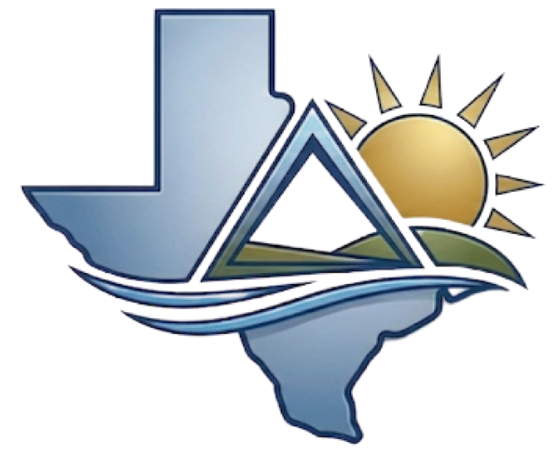 Texas-shaped logo with a sun, waves, and a triangular hill in blue and gold