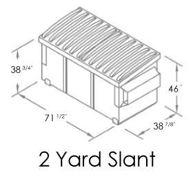 A black and white drawing of a 2 yard slant dumpster with measurements.