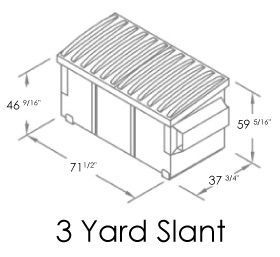 A black and white drawing of a 3 yard slant dumpster with measurements.