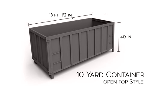 A 10 yard container with measurements on a white background.