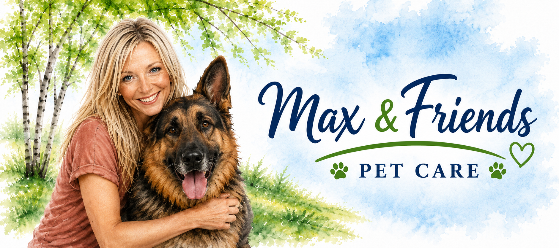 Max & Friends Pet Care banner with a woman and dog in a bright outdoor scene