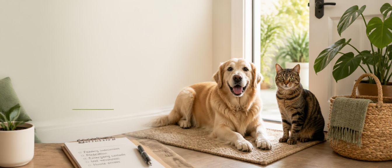 Golden retriever and tabby cat resting on a rug by a sunlit window, with plants and a woven basket nearby