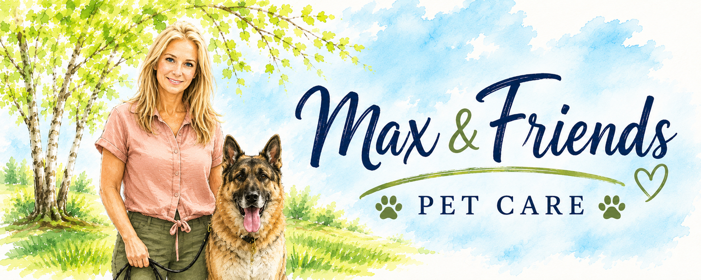 Max & Friends Pet Care banner with a woman and dog in a bright outdoor scene