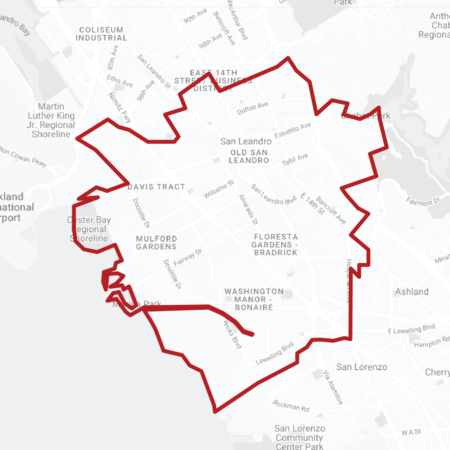A map of a city with a red outline around it.