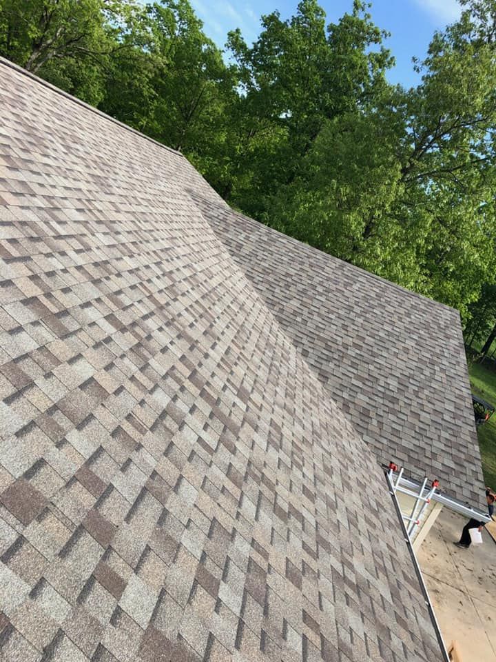 Curved shingled roof under construction with trees in the background and a ladder at the edge