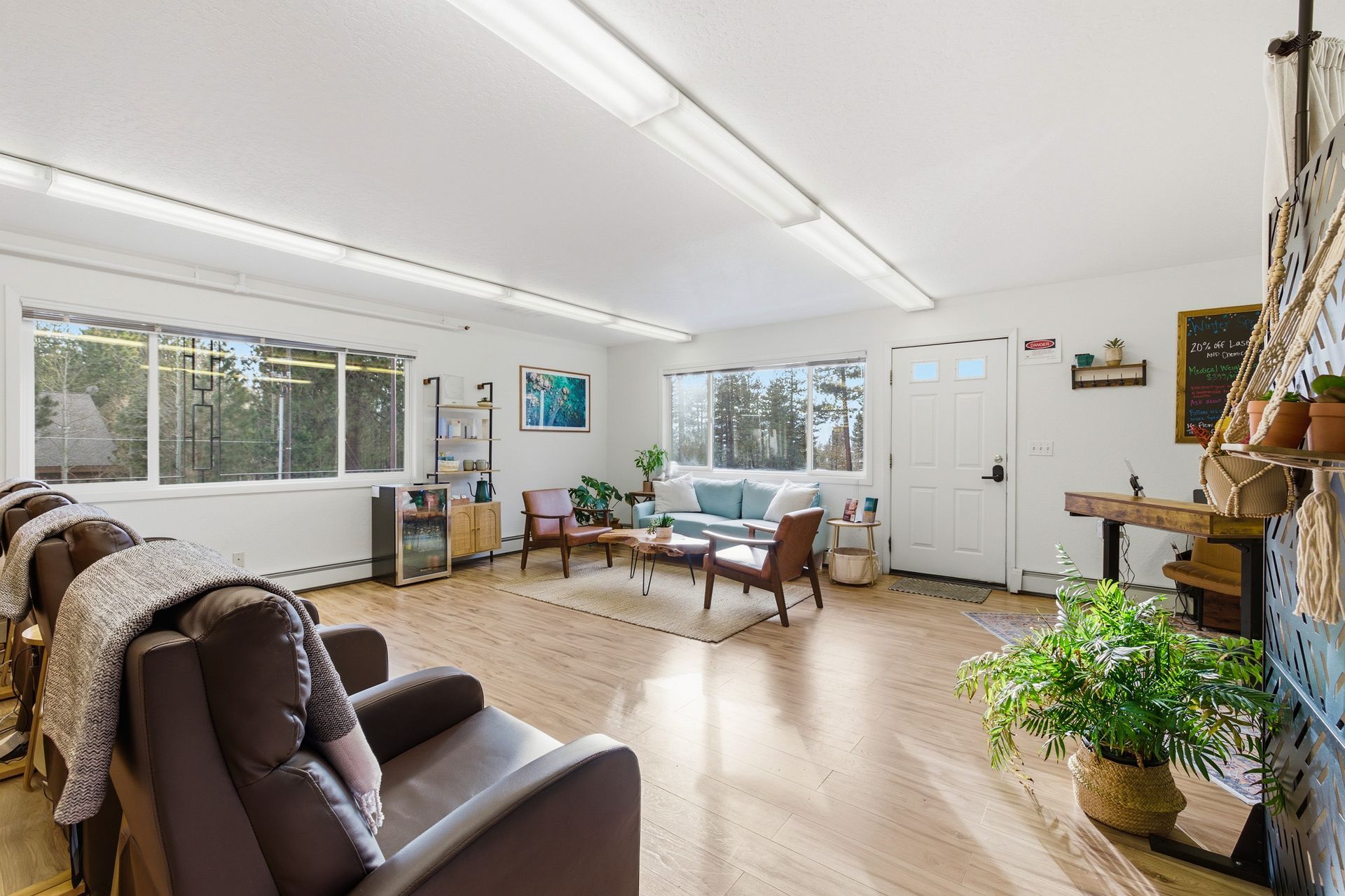 Bright living room with leather chairs, large windows, a couch, and a potted plant on a hardwood floor.