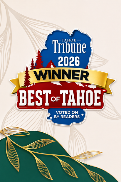 Tahoe Tribune 2026 winner badge for Best of Tahoe, voted on by readers, with gold ribbon and leaves
