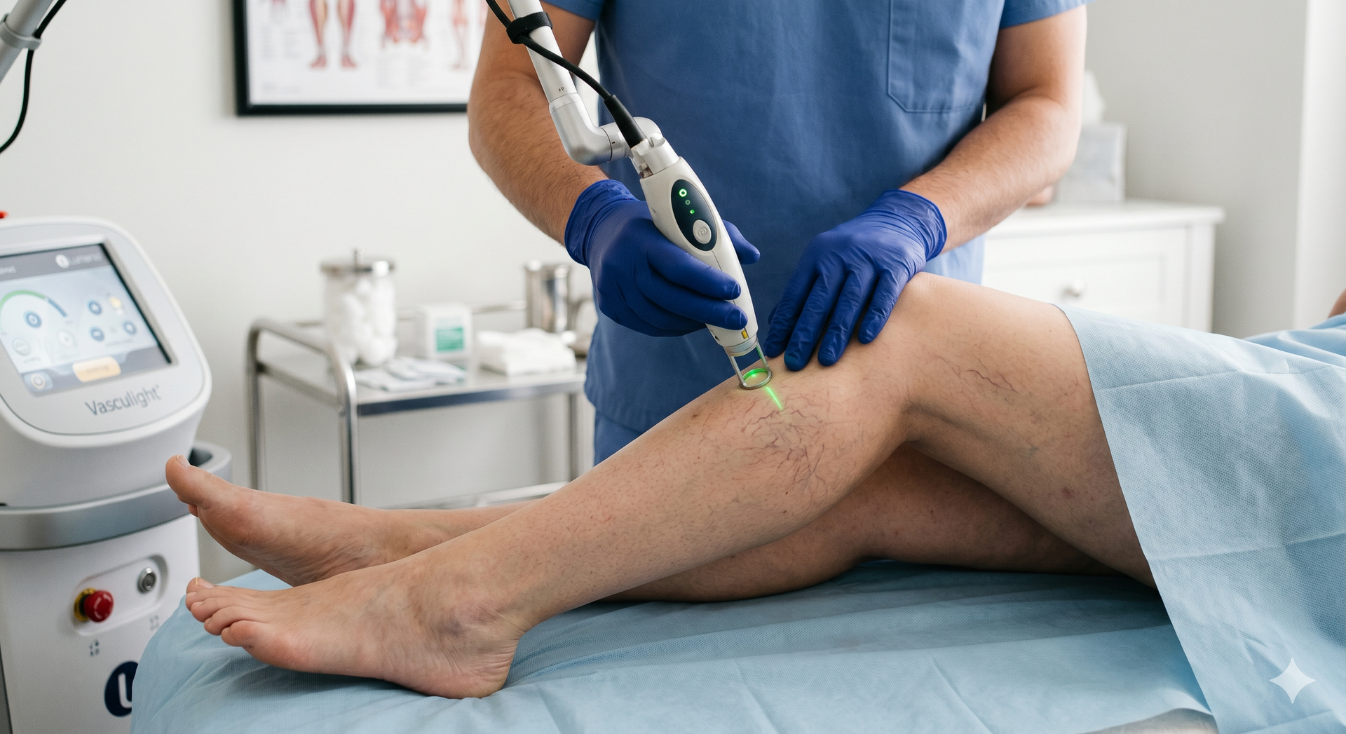 Clinic treatment with technician using a handheld device on a patient’s leg, likely laser therapy