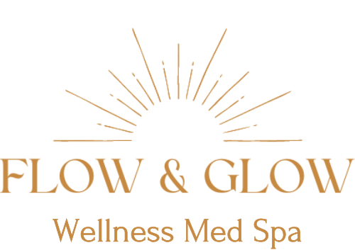 Gold logo reading “FLOW & GLOW Wellness Med Spa” with a sunburst design above the text