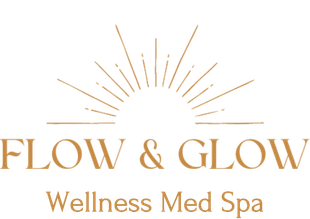 Gold logo reading “FLOW & GLOW Wellness Med Spa” with a sunburst design above the text
