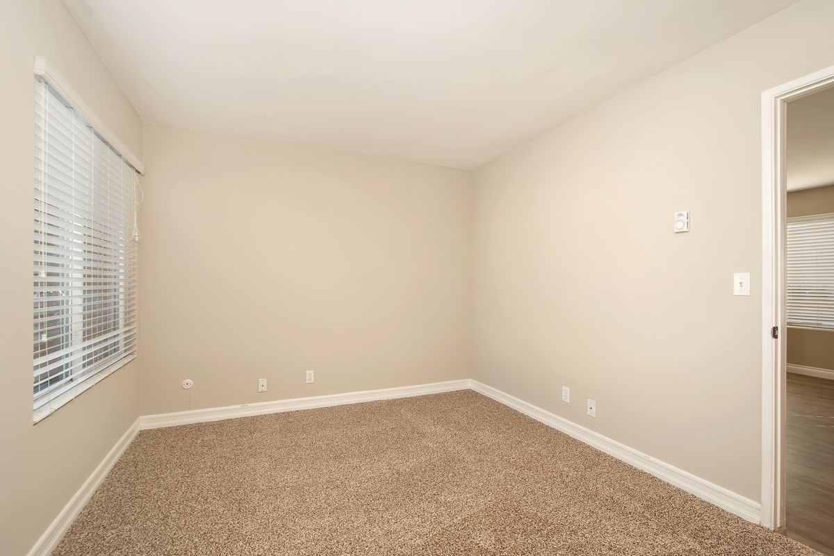 an empty bedroom with a carpeted floor and a window .