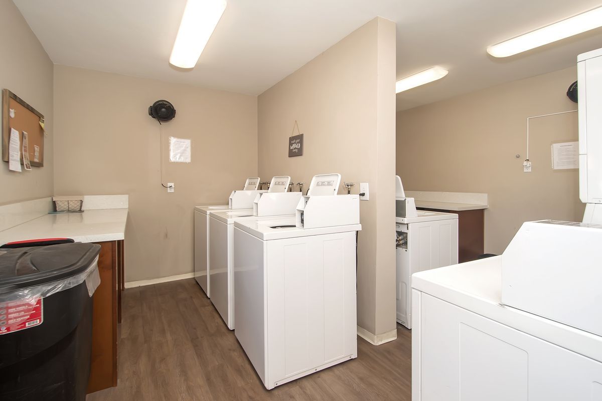 a laundry room with a lot of washers and dryers