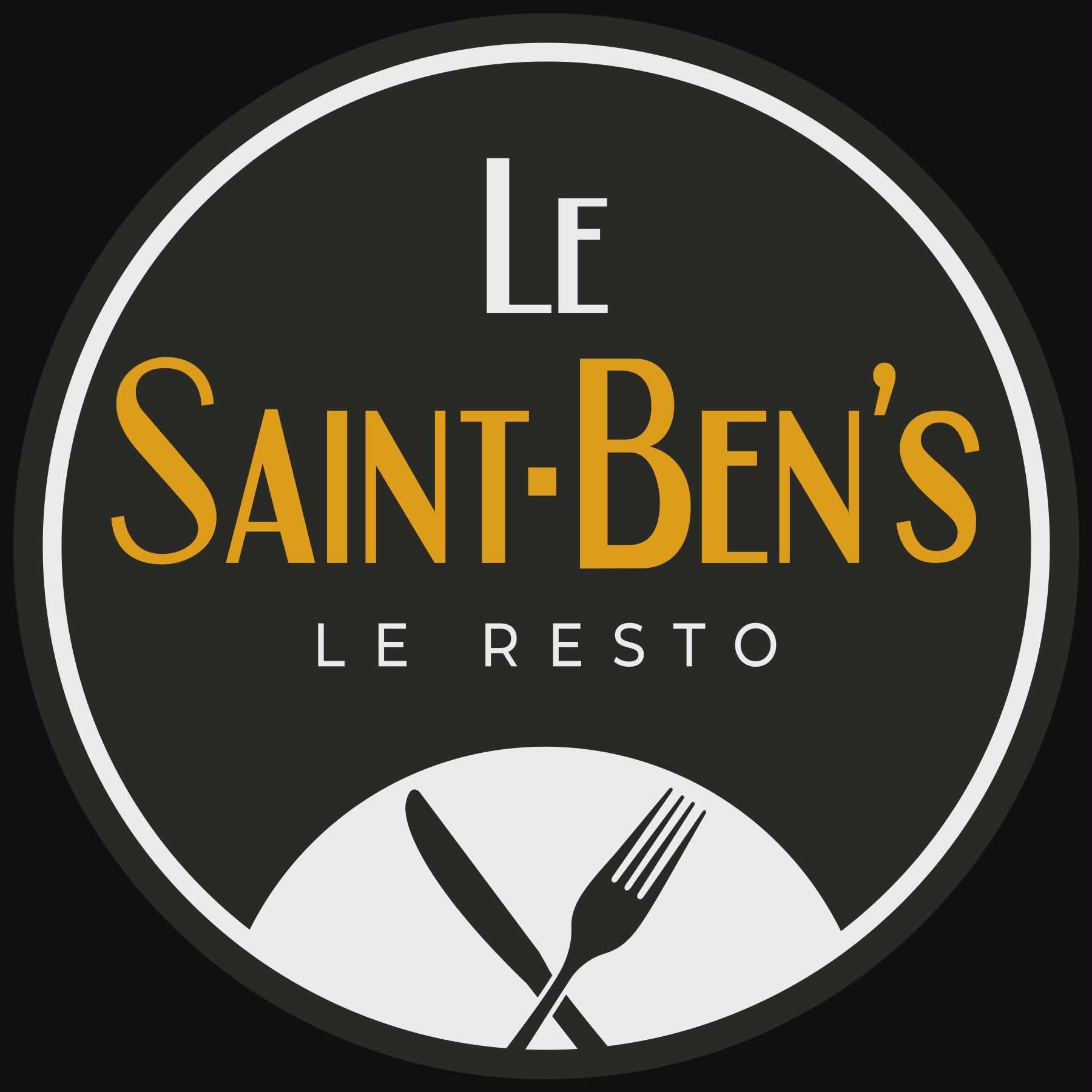 Logo circulaire pour « Le Saint-Ben's Le Resto » avec texte doré sur fond noir et une icône blanche représentant un couteau et une fourchette en dessous.