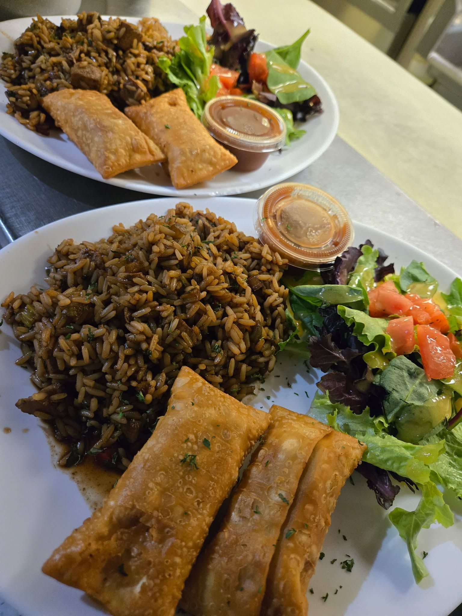 Deux assiettes, chacune servie avec une portion de riz assaisonné, deux rouleaux de printemps frits, une salade d'accompagnement et un petit récipient de sauce.