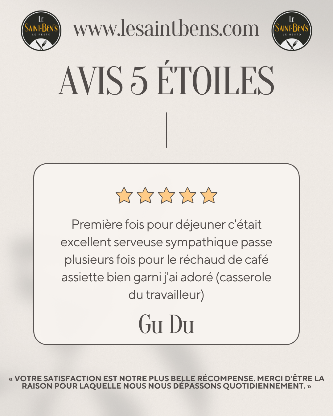 Avis 5 étoiles en français avec citation client, étoiles dorées et logo du site lesaintben.com