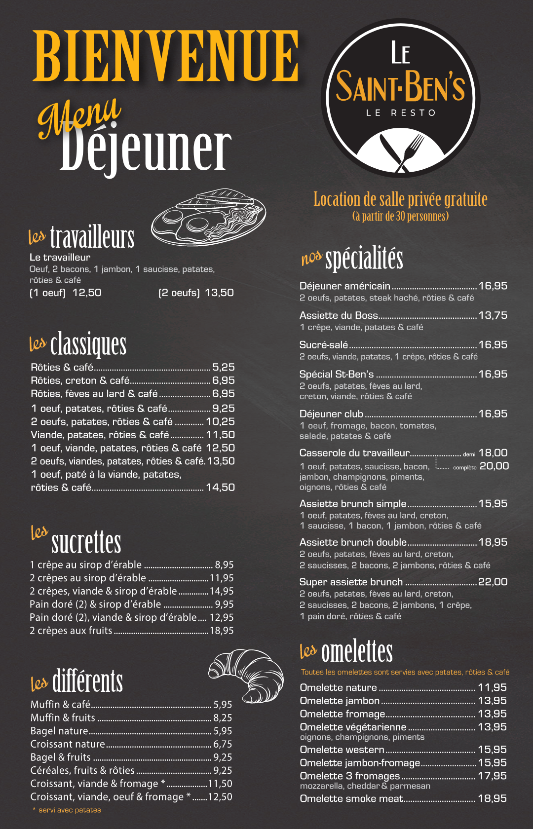 Affiche de menu petit-déjeuner de café français avec fond noir et texte or et blanc, intitulée « Bienvenue pour le Déjeuner ».