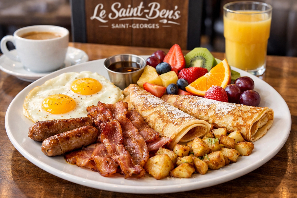 Assiette de brunch avec œufs, bacon, saucisse, fruits, crêpes, galettes de pommes de terre, café et jus d'orange dans un café