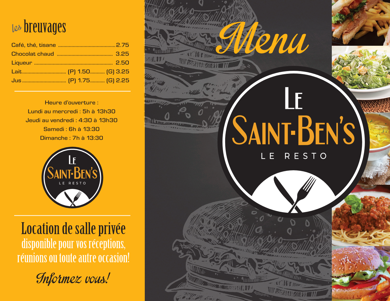 Dépliant du menu du restaurant Le Saint-Ben avec des panneaux jaunes et noirs, le logo, des photos des plats et des informations sur la location de salles privées