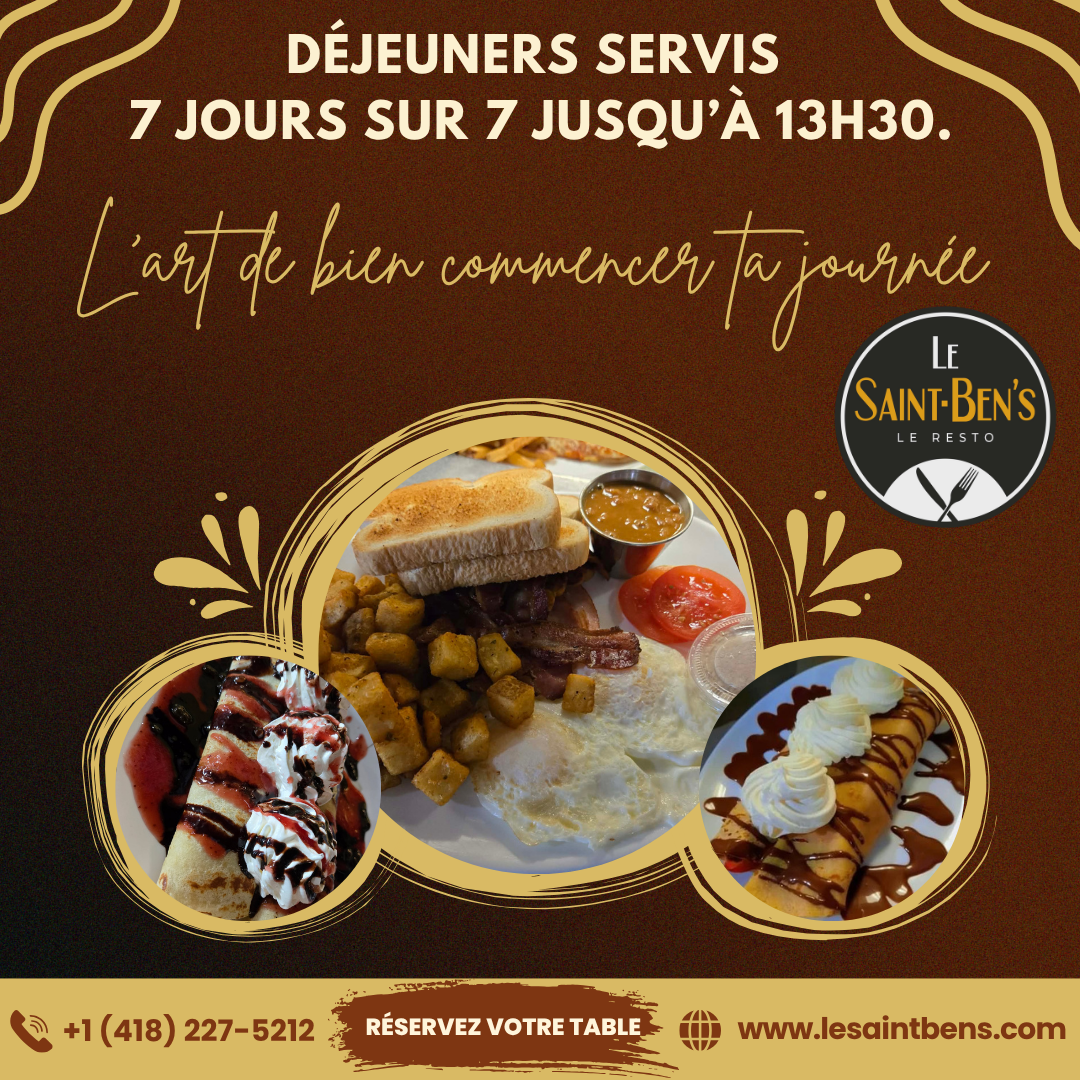 Publicité pour un petit-déjeuner français avec des assiettes dressées sur fond marron et le logo Le Saint-Bins