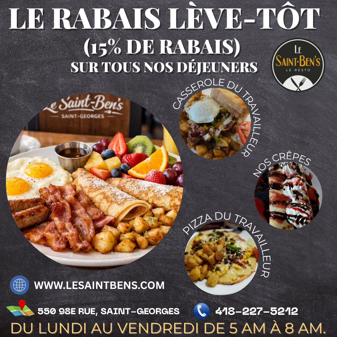 Affiche promotionnelle pour le petit-déjeuner du Saint-Bens, avec texte en français, photos des plats, site web et coordonnées.