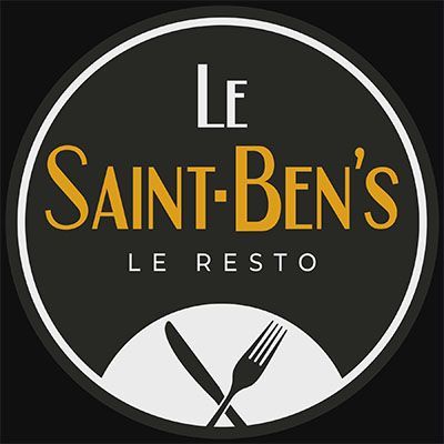 Logo circulaire en noir et blanc d'un restaurant portant l'inscription « Le Saint-Ben's Le Resto » avec une fourchette et un couteau croisés.