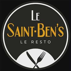 Logo circulaire en noir et blanc d'un restaurant portant l'inscription « Le Saint-Ben's Le Resto » avec une fourchette et un couteau croisés.