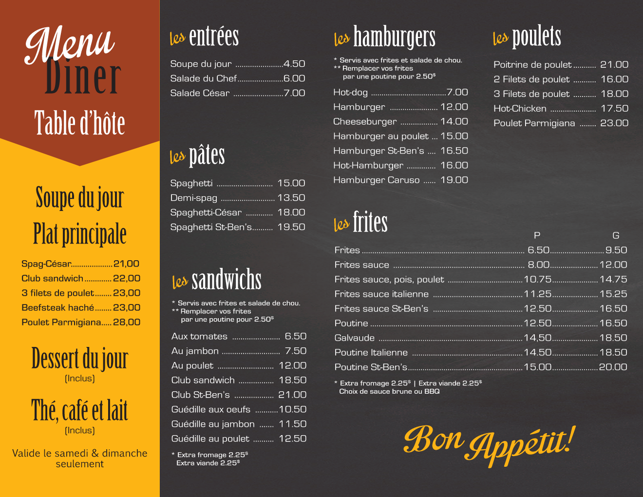 Tableau de menu français pour le dîner avec entrées, sandwichs, pizzas, frites et desserts sur fond sombre