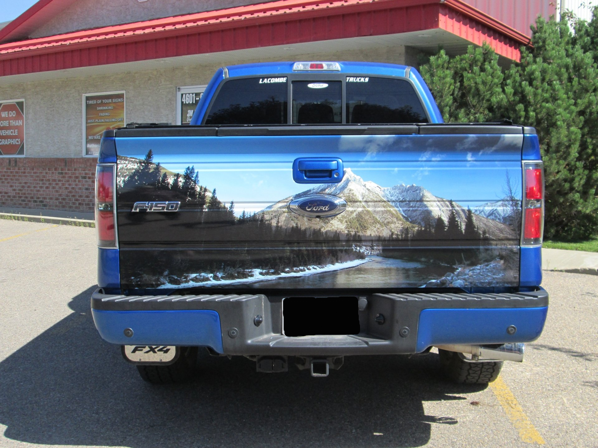 Blue Ford truck tailgate with mountain scene artwork.