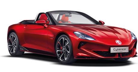 Carro esportivo conversível MG Cyberster vermelho, vista em ângulo.