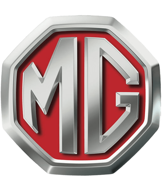 Logotipo MG em emblema octogonal prateado e vermelho com borda metálica.