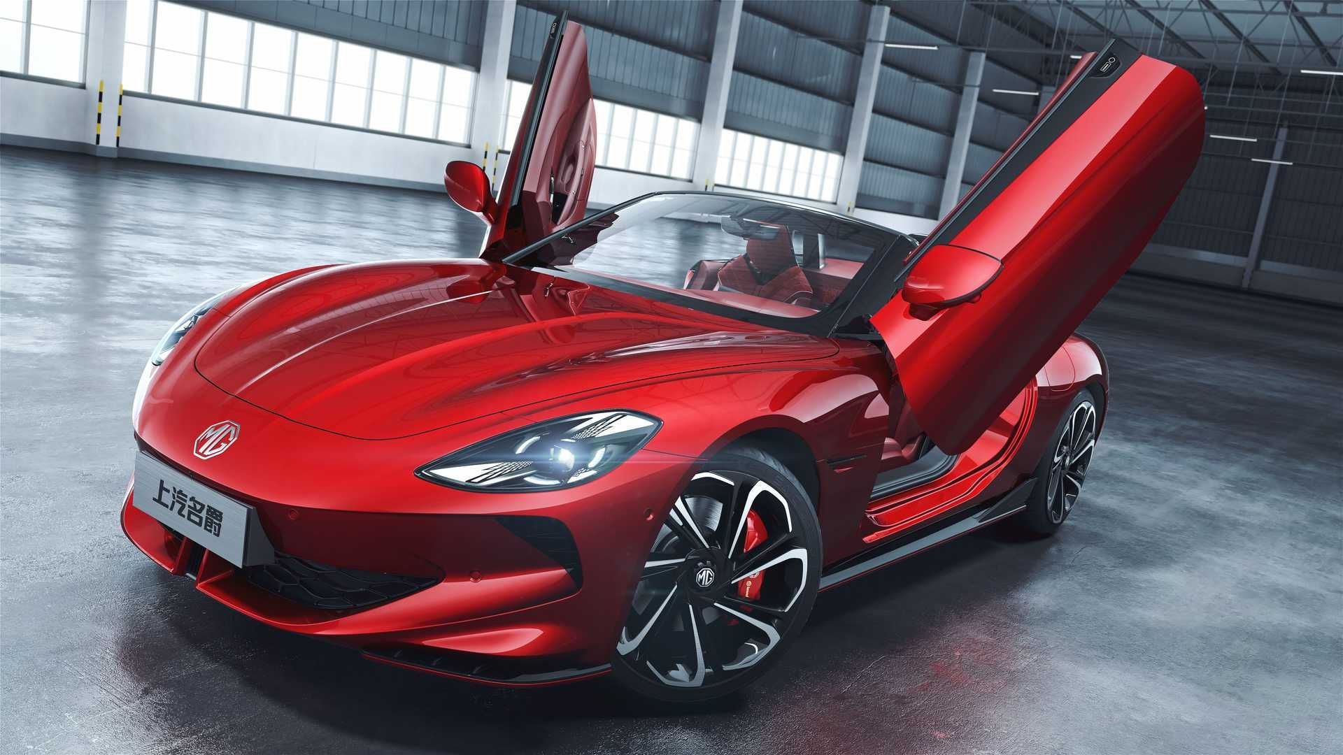 Red sports car with butterfly doors open in a sleek indoor showroom, front view.