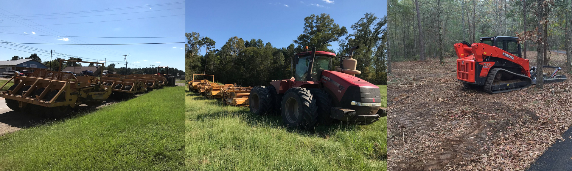 Three tractor photos in a grassy field and wooded path, with red and brown farm machinery in sunlight