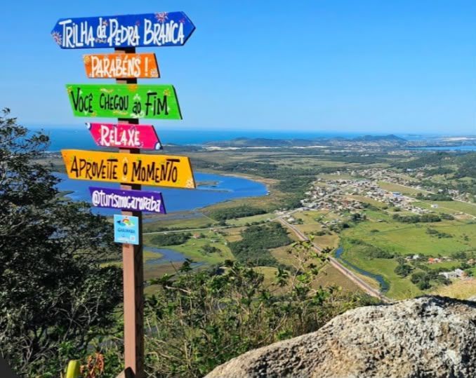 Placa colorida com setas, com vista para um vale costeiro, campos e o oceano sob um céu azul sem nuvens.
