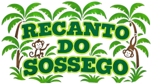 Logótipo verde e amarelo com palmeiras e macacos, texto «Recanto do Sossego».
