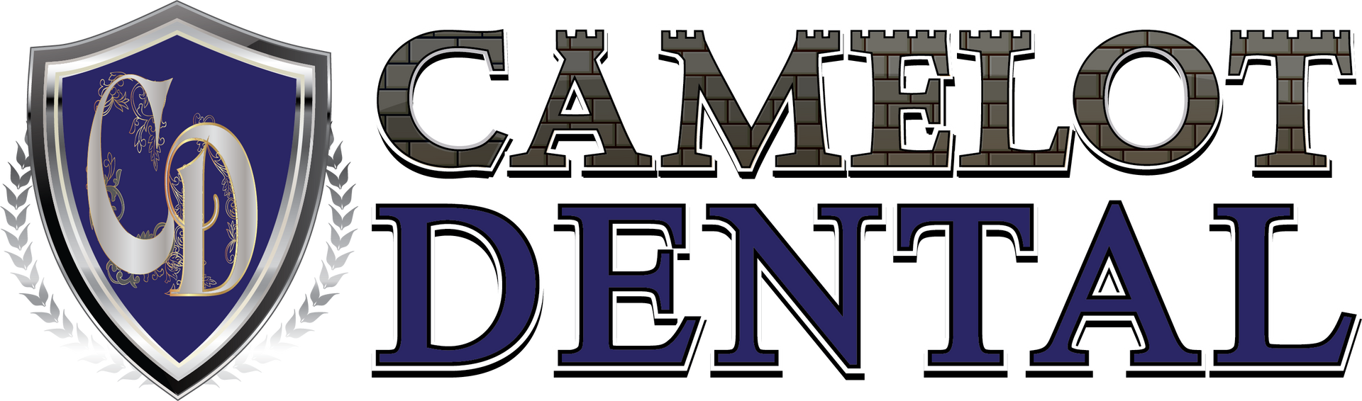 Camelot Dental logo with blue shield crest and gray serif text