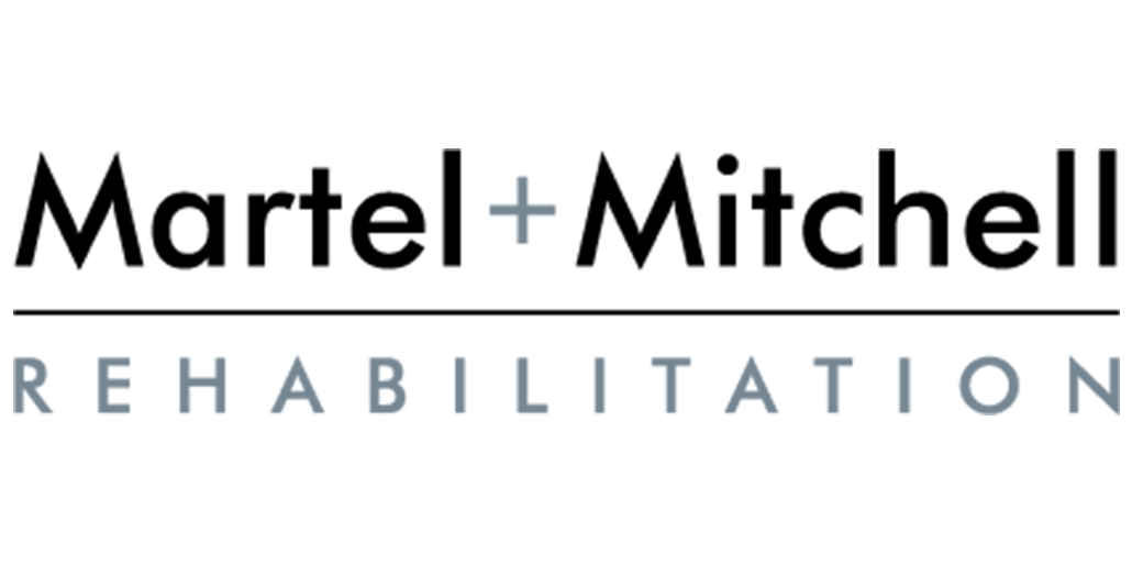 The logo for martel + mitchell rehabilitation is black and white