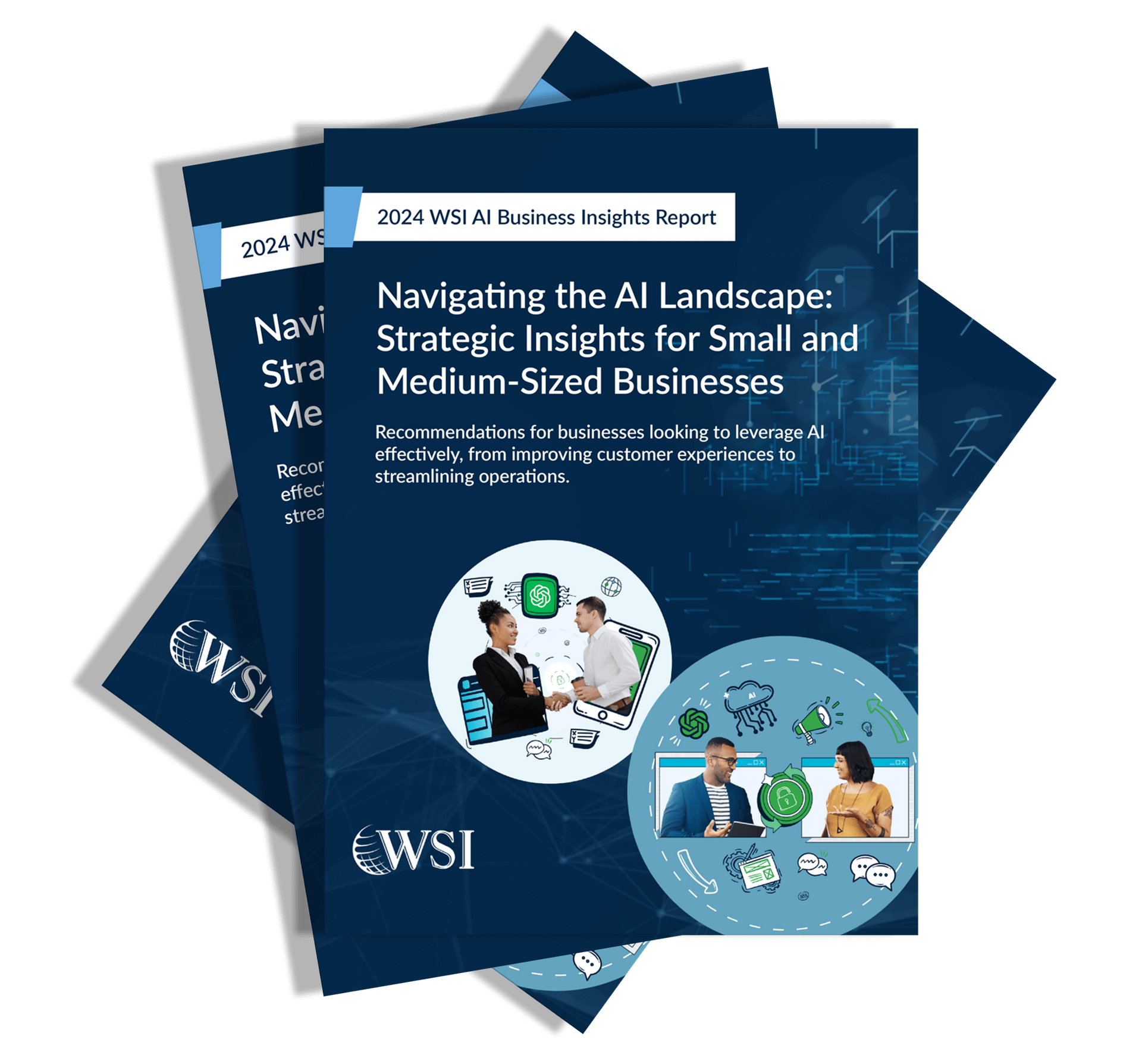 Stack of AI business reports titled