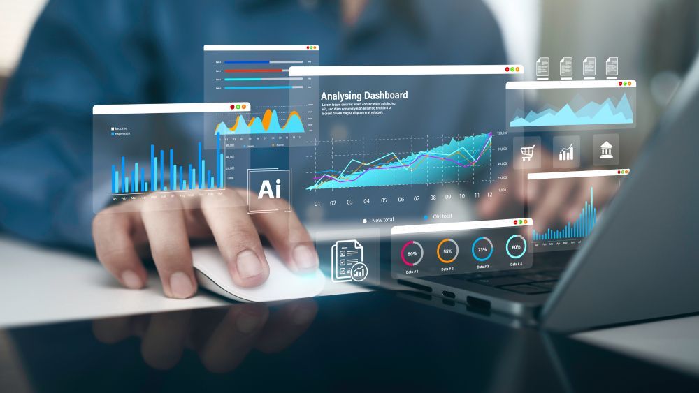 AI dashboard with graphs and KPIs used to support successful AI implementation in business and data-driven decisions.