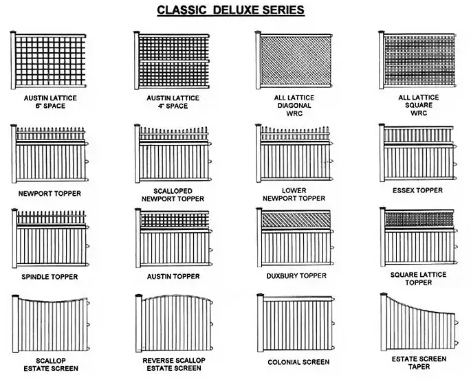Chart of classic fence styles with small black-and-white examples and labels.