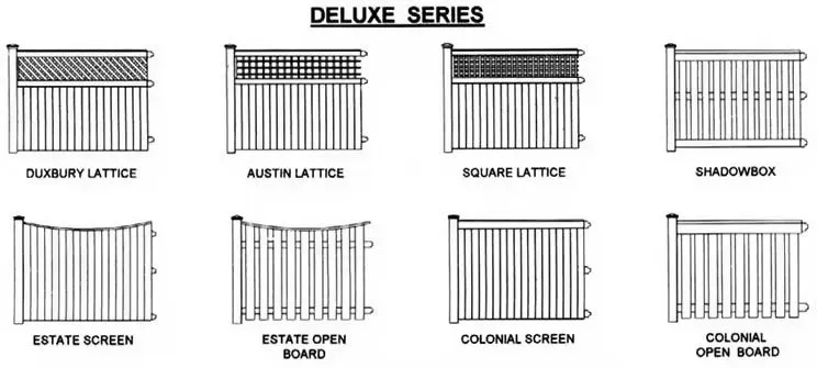 Deluxe series chart showing eight patio door screen styles with labeled line drawings