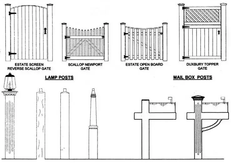 Diagram of gate and lamp post styles with labeled examples and posts/base details